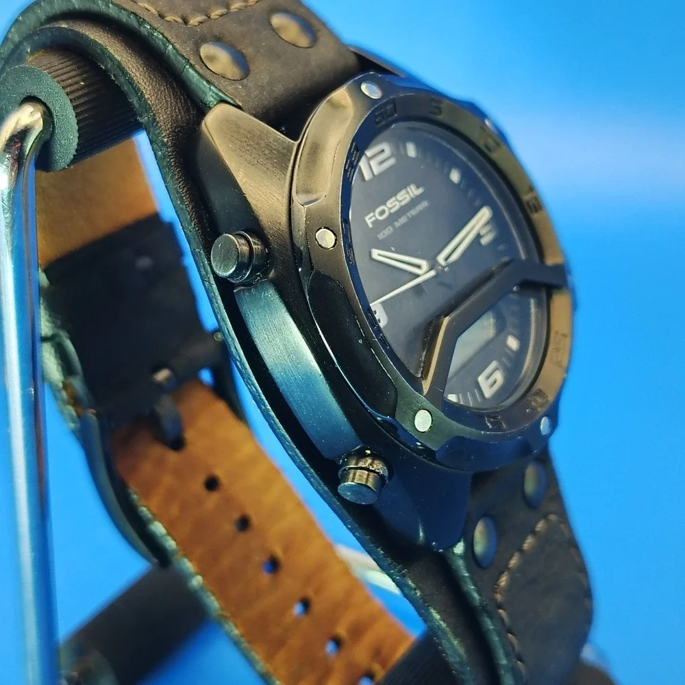 Vintage 2002 Fossil Blue BQ9297 ANA-Digi 40mm Mens Quartz‎ Watch Leather Cuff